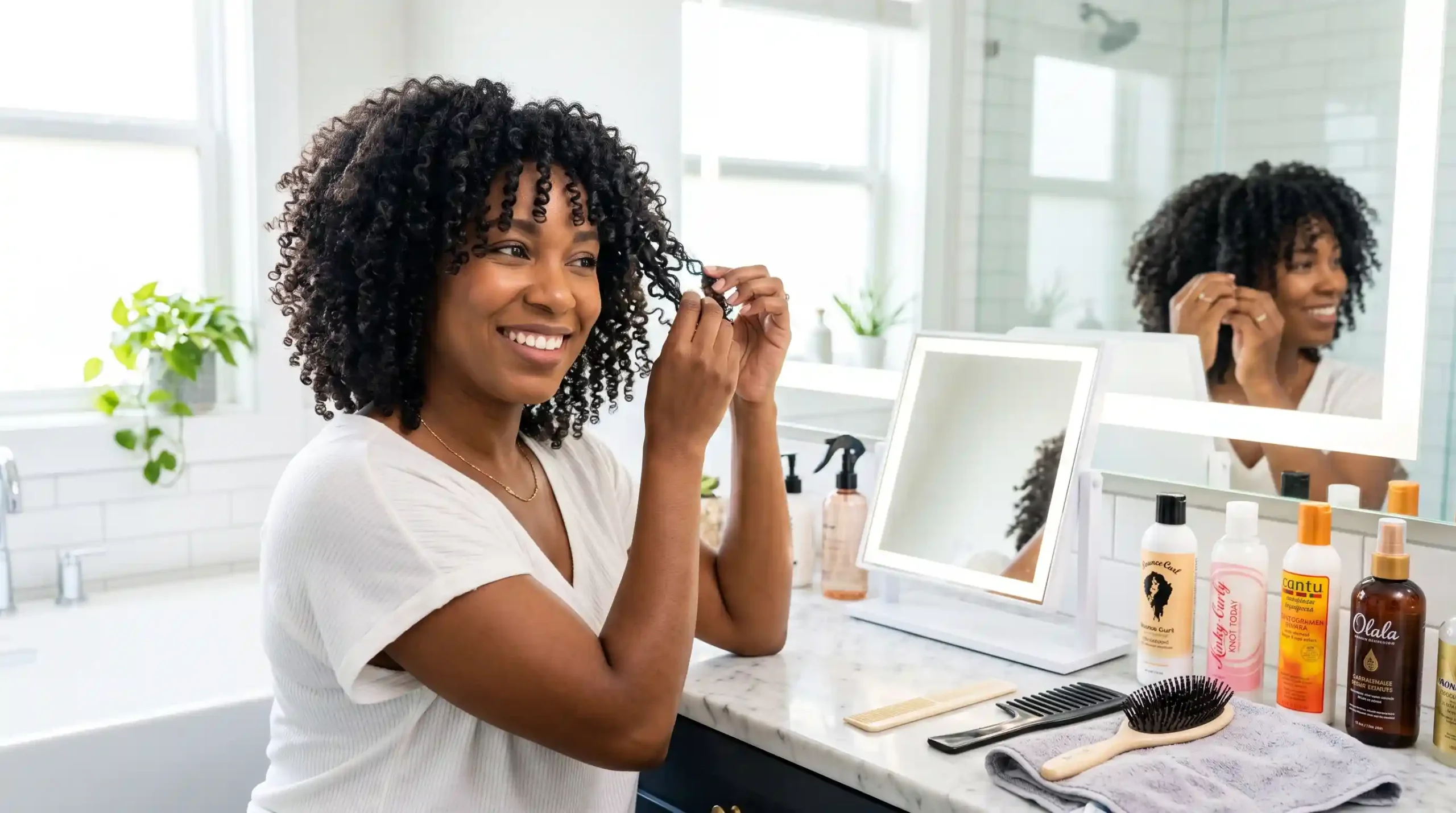 Person styling natural curly hair